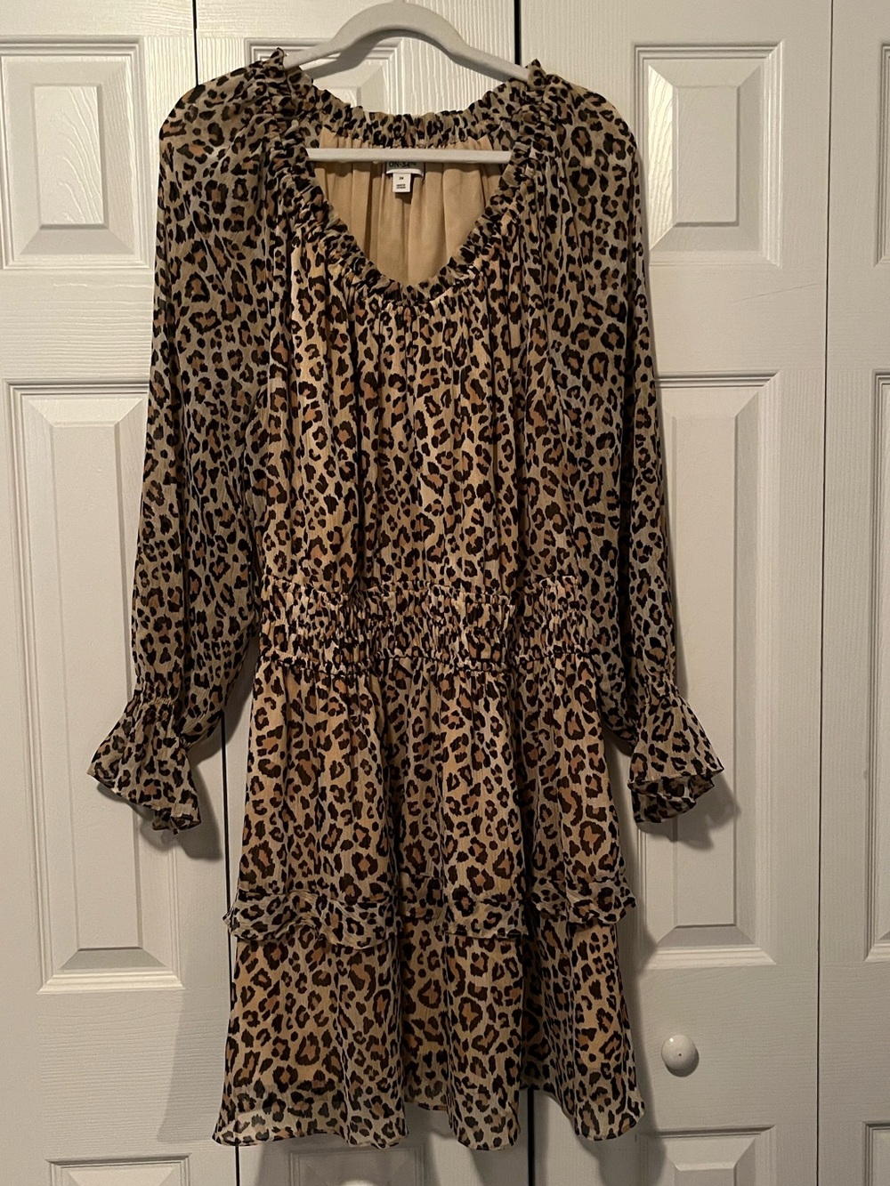 Leopard Print Long Sleeve Tiered Dress - Tan/Black